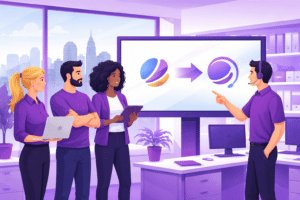 Purple Guys IT Kansas City rebrand shown on a digital screen in a modern office